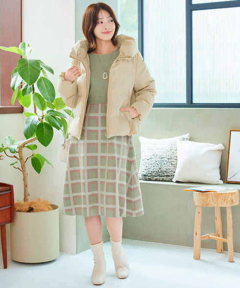 リボンベルト付きチェック柄ニットワンピース